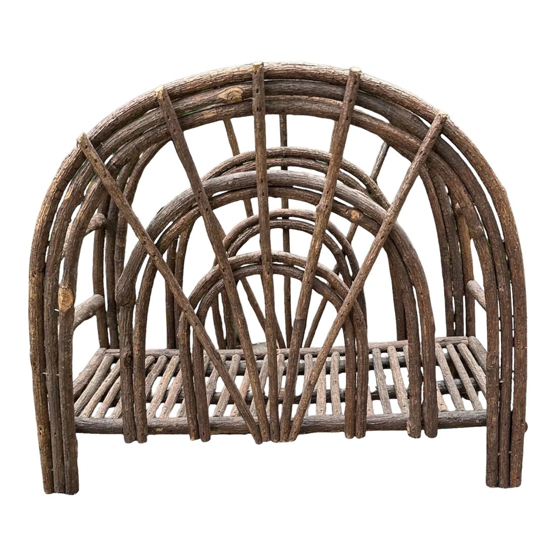 Rustic Willow Wood Branch Magazine Holder: Organic and rustic handmade functional decor. A less bulky magazine rack. Willow branches artfully bent in arches as main design with outward extending rays. 13.5" long x 5.5" wide x