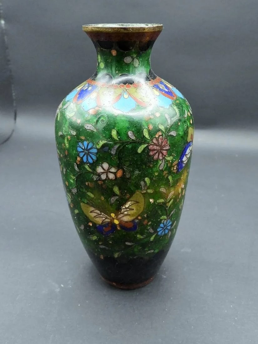 Antique Japanese Meiji Period Enameled Foil Butterfly Chrysanthemum Cloisonne Brass Vase 1800s - 3