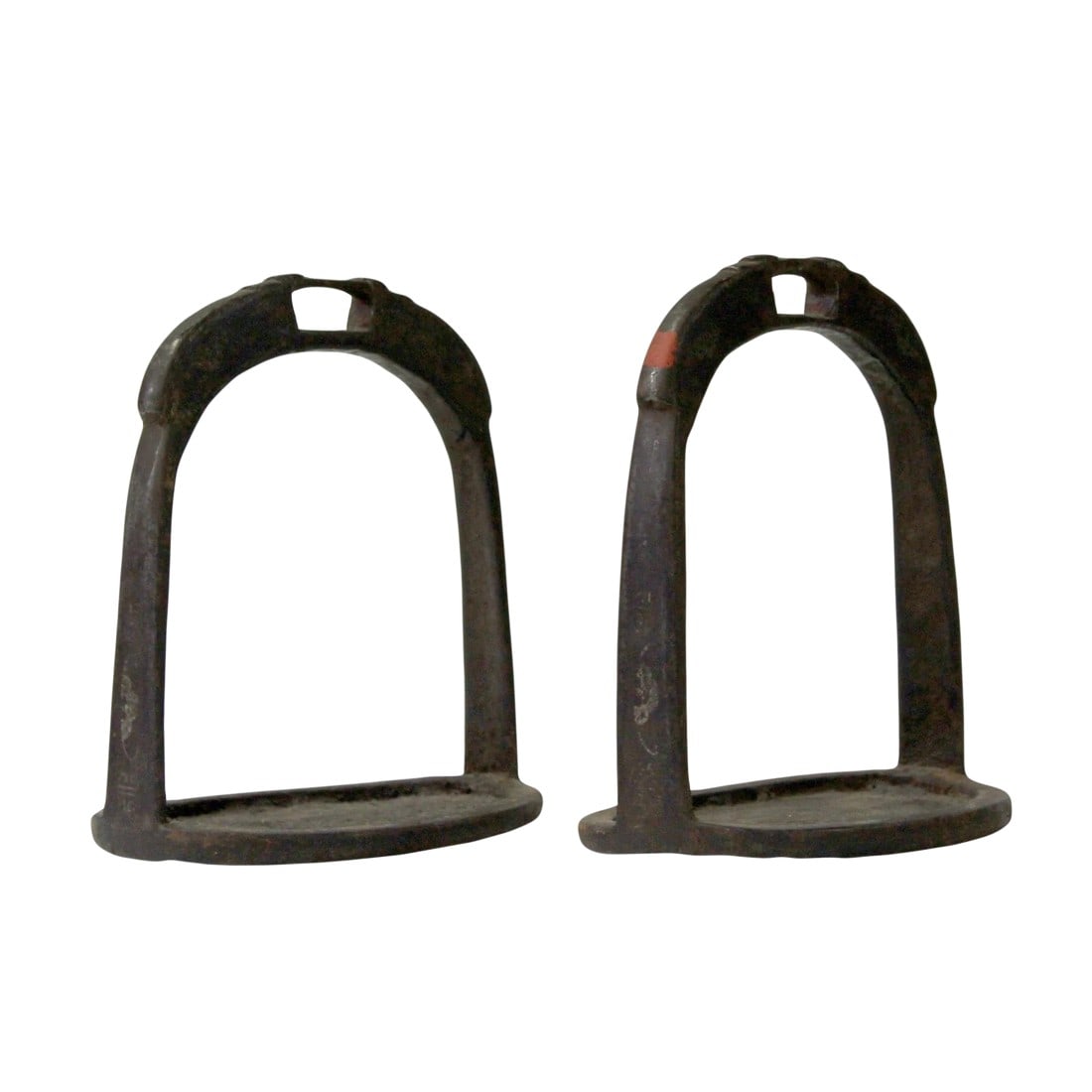 Vintage Vintage Chinese Minority Tribe Horse Iron Stirrup - a Pair: This pair of Chinese minority tribe horse stirrup is made of iron. It has a unique character that is great for home and office decoration. Dimension: 5" x 3.75" x h6" Origin: China Material: