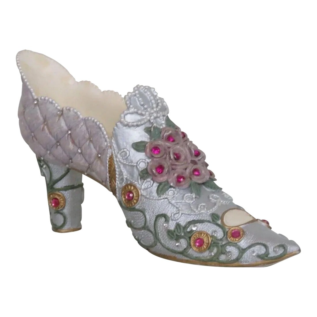 Ceramic Gemstone Design Floral Victorian Style High Heel Shoe Figurine: This wonderful figurine is made of ceramic. This unique piece is made in the shape of a Victorian style high heeled shoe; it has a lovely overall silver color with rhinestone detailing, a gorgeous pur