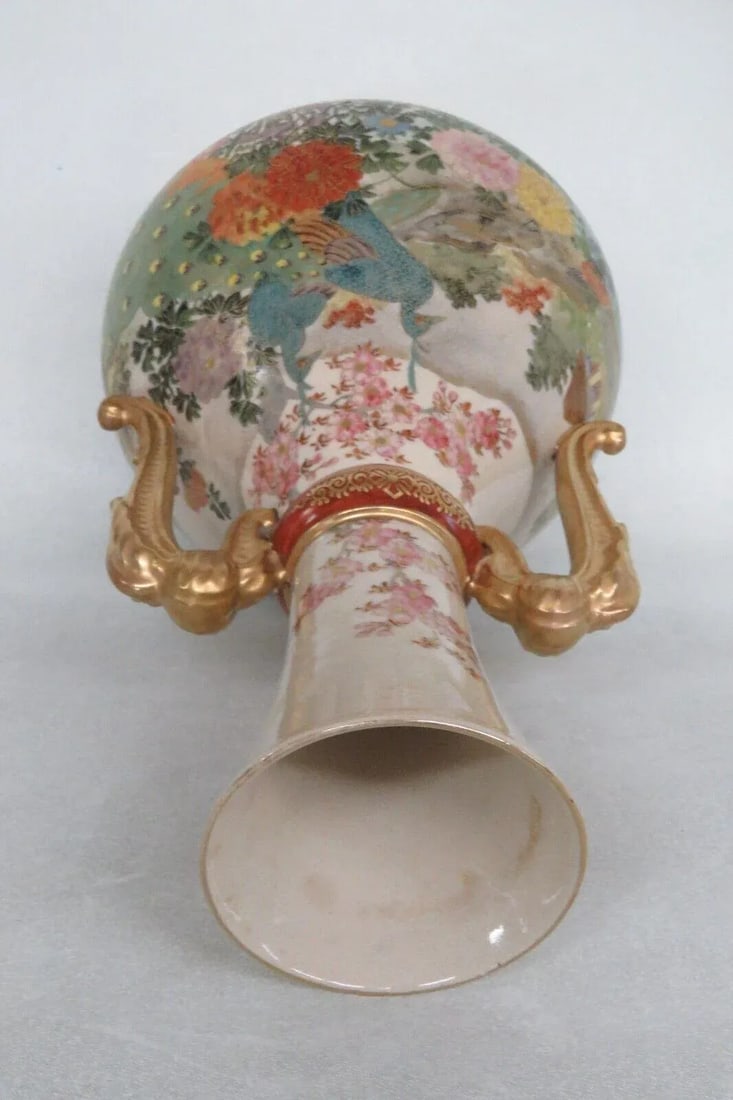 Lc Japan Porcelain Satsuma Style Peacock Floral Double Handle Vase - 10
