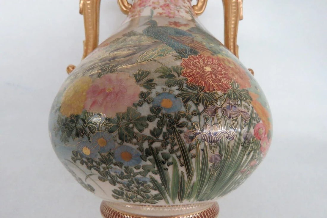 Lc Japan Porcelain Satsuma Style Peacock Floral Double Handle Vase - 12