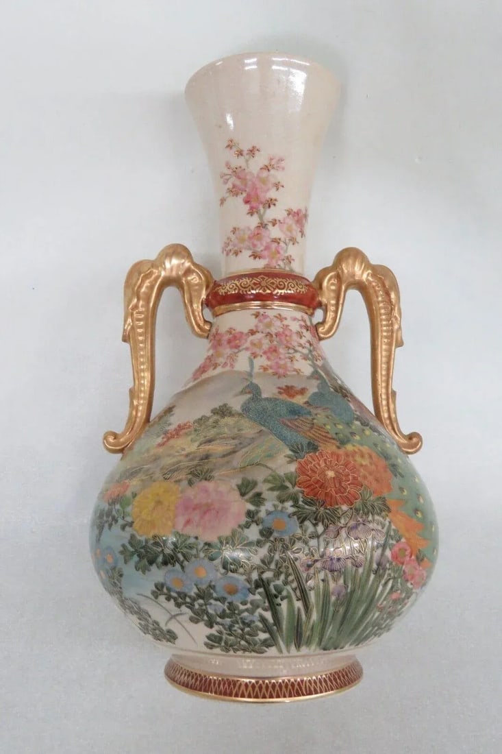 Lc Japan Porcelain Satsuma Style Peacock Floral Double Handle Vase - 2