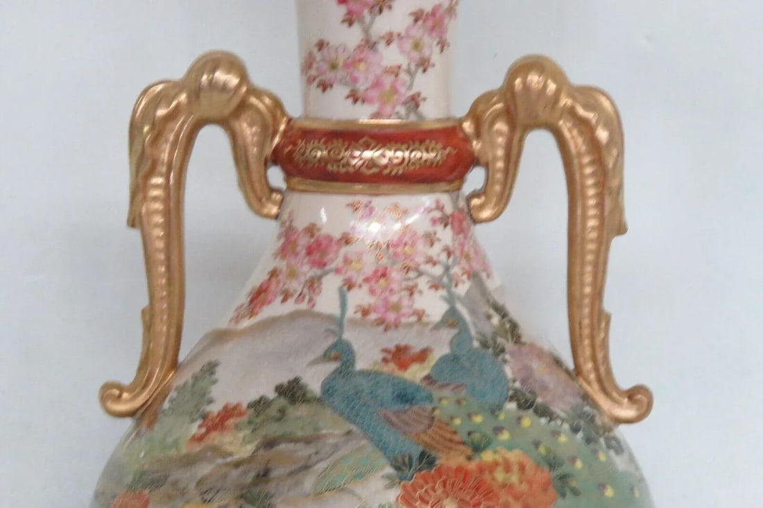 Lc Japan Porcelain Satsuma Style Peacock Floral Double Handle Vase - 3