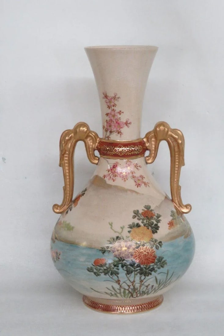 Lc Japan Porcelain Satsuma Style Peacock Floral Double Handle Vase - 4