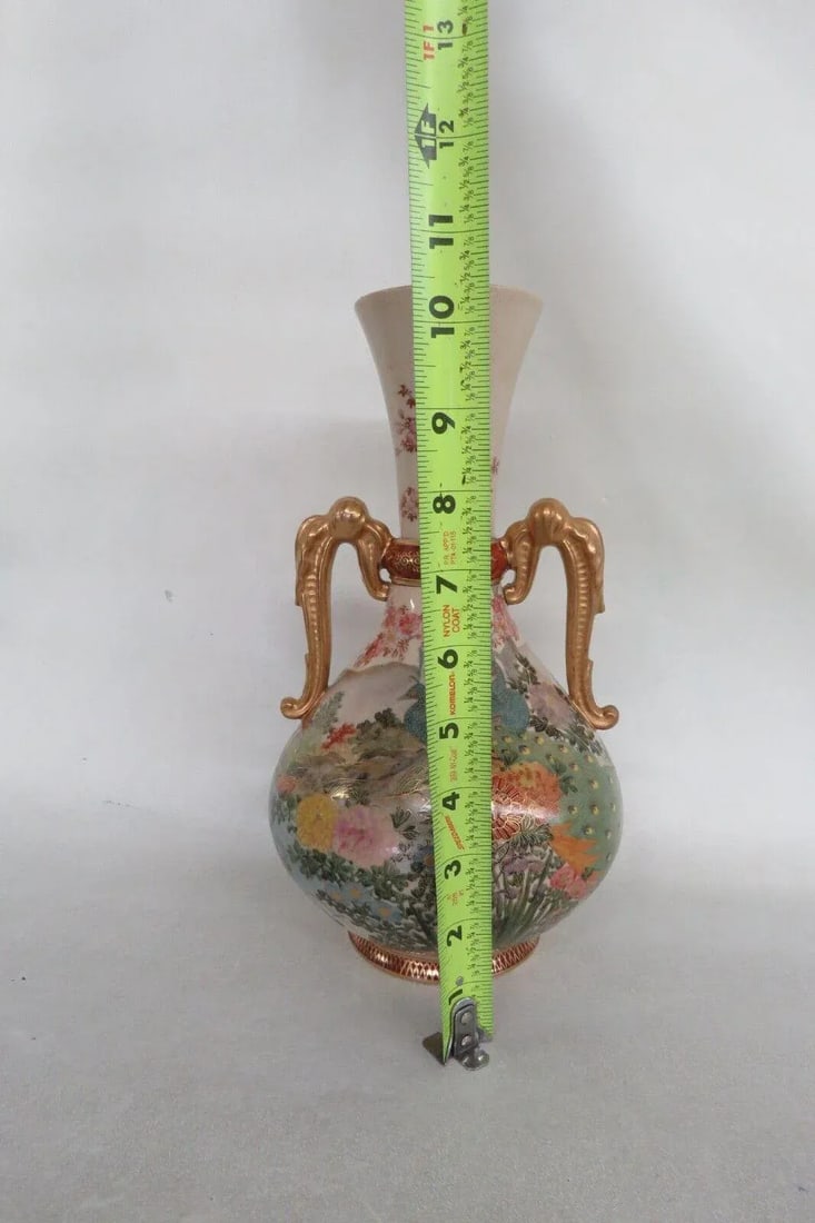 Lc Japan Porcelain Satsuma Style Peacock Floral Double Handle Vase - 6
