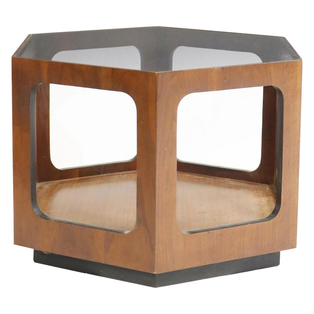 1950s Vintage Lane Furniture Mid-Century Hexagonal Side Table: Mid-century modern hexagonal walnut veneer side table, Lane Furniture, c.1950s. This super cool side table features smoked glass top, over hexagonal walnut frame with open cutout sides, medial shelf,
