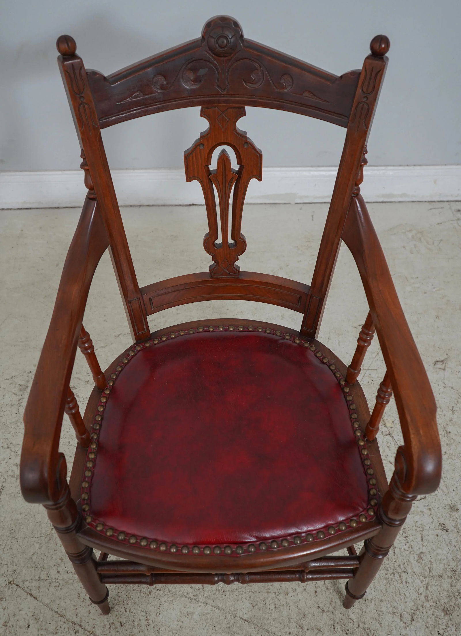 American Victorian Walnut Arm Chair W. Leather Seat - 2
