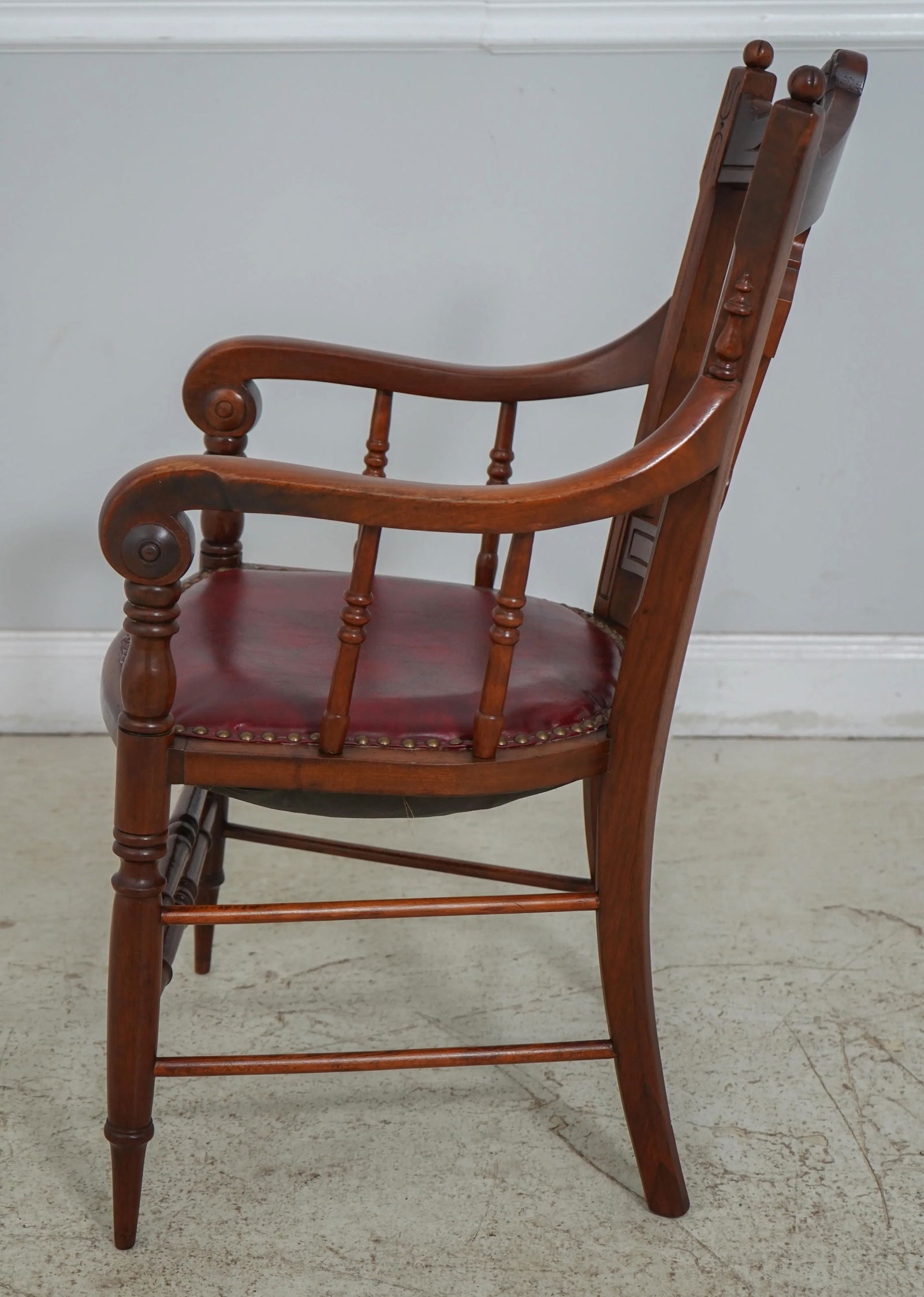 American Victorian Walnut Arm Chair W. Leather Seat - 3