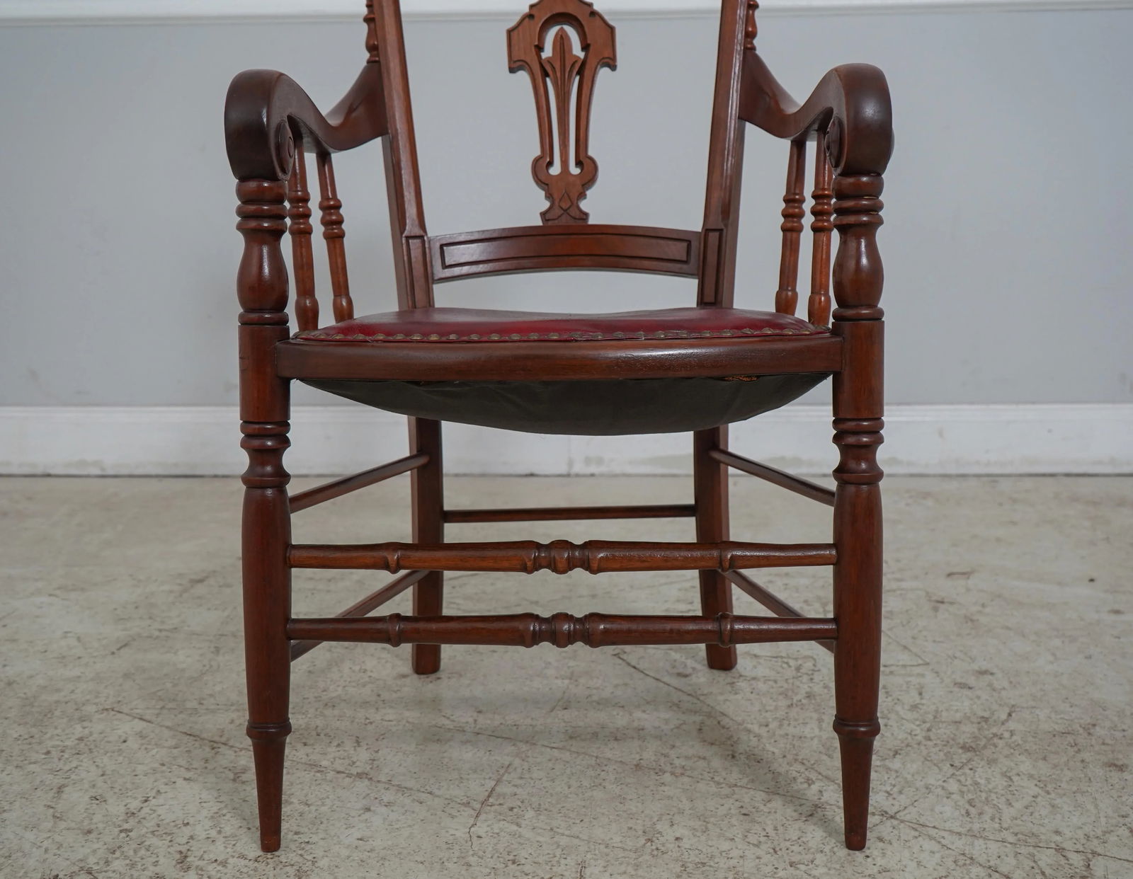 American Victorian Walnut Arm Chair W. Leather Seat - 6