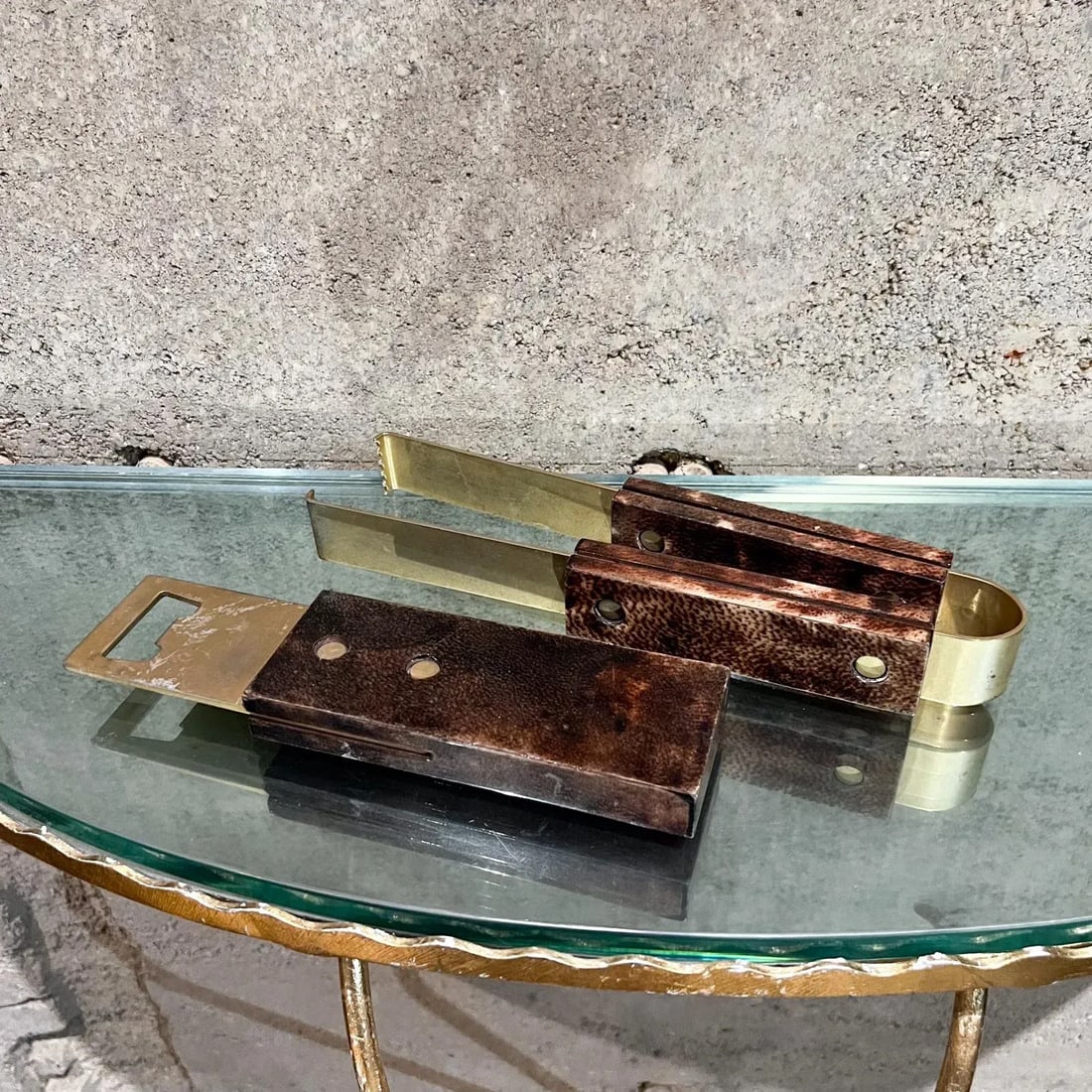 Aldo Tura Barware Bottle Opener + Ice Tongs Goatskin and Brass Italy - 2