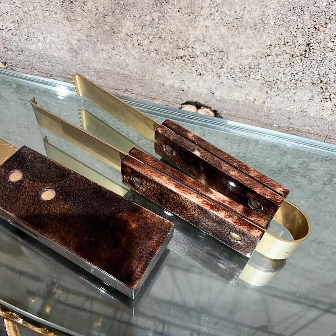 Aldo Tura Barware Bottle Opener + Ice Tongs Goatskin and Brass Italy - 6