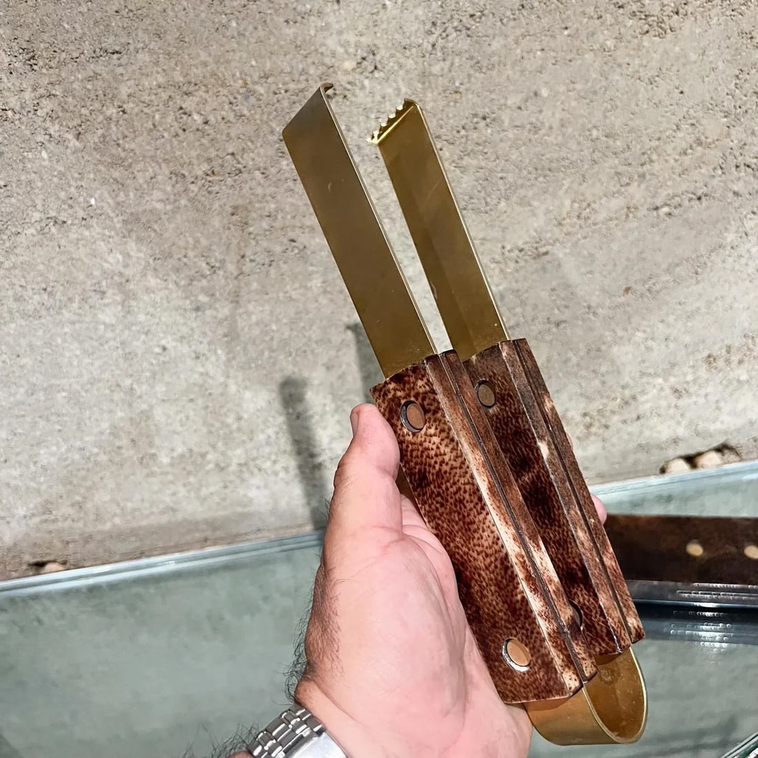 Aldo Tura Barware Bottle Opener + Ice Tongs Goatskin and Brass Italy - 7