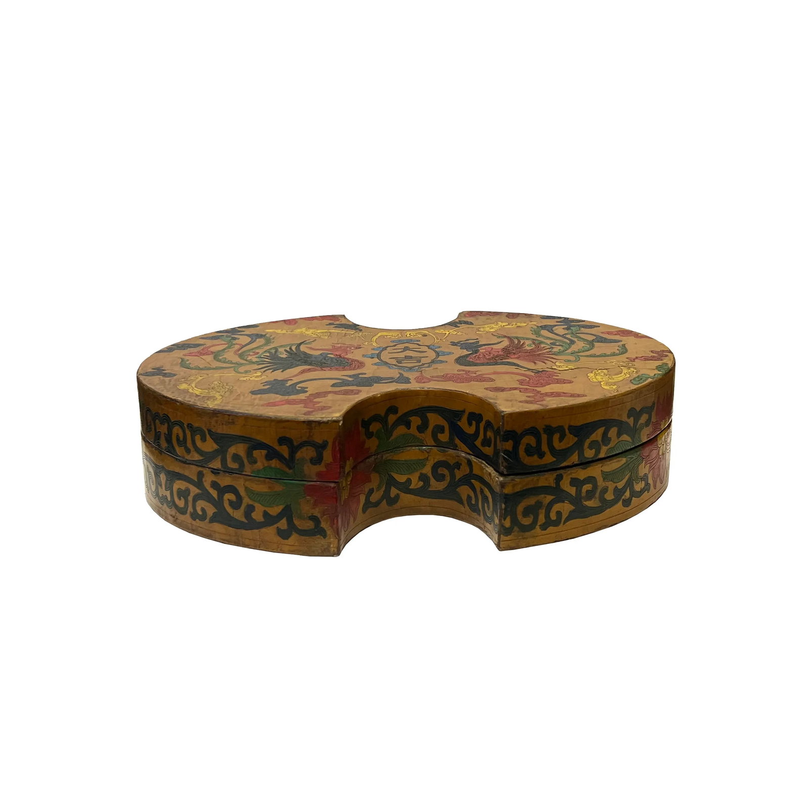 Chinese Distressed Mustard Yellow Phoenix Graphic Oval Shape Box - 3