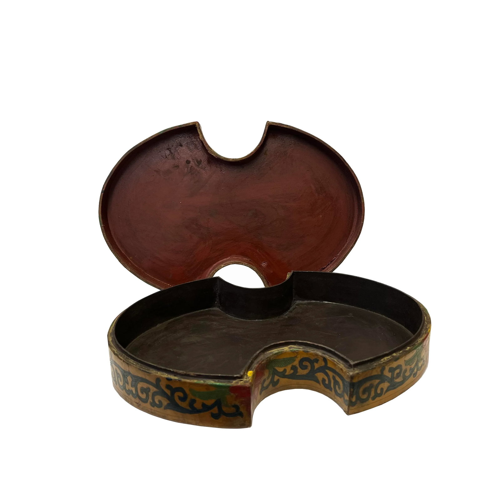 Chinese Distressed Mustard Yellow Phoenix Graphic Oval Shape Box - 5