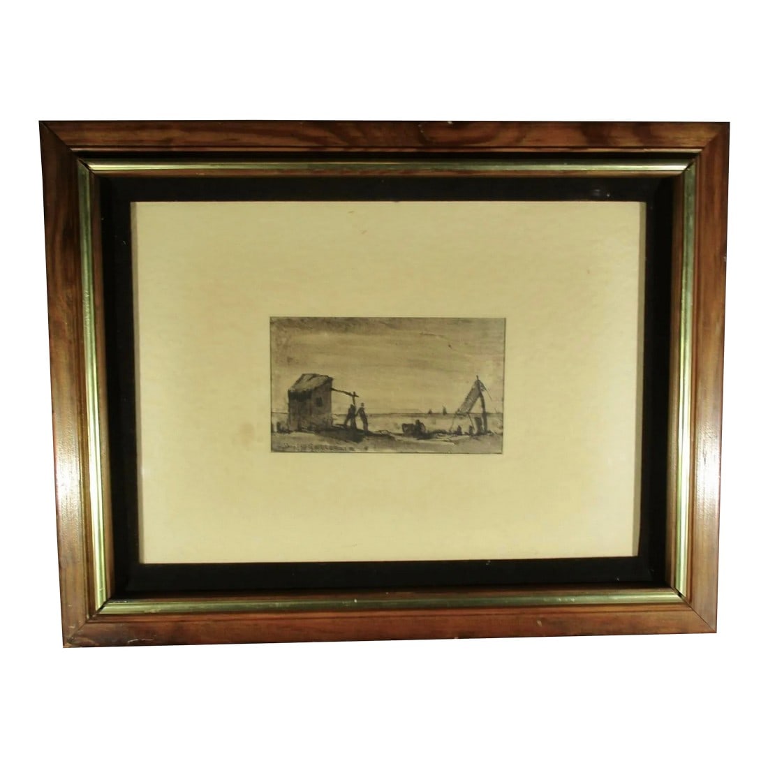 John Gallucci Litho Beach Scene 1933: John Gallucci Italian/American 1918- 2009. A beautiful beach scene from a rustic stretch of beach. Sailing boats, tents, and shanty. A scene from the early 20th century. Well made and printed as 6/99