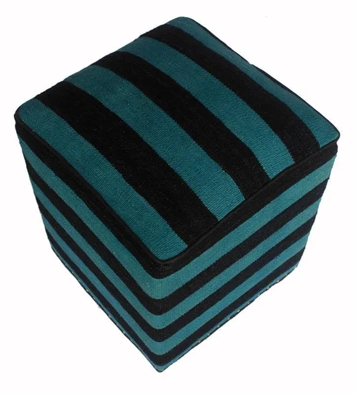 Shabby Chic Arshs Deedra Teal/Black Kilim Upholstered Handmade Ottoman - 2