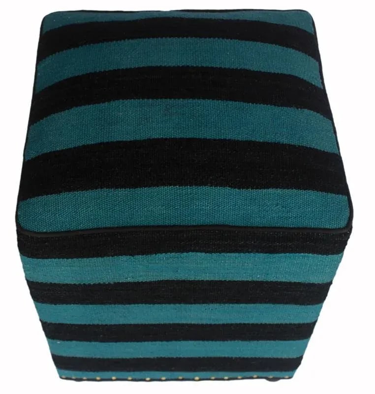 Shabby Chic Arshs Deedra Teal/Black Kilim Upholstered Handmade Ottoman - 4