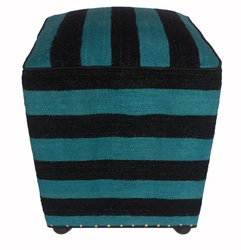 Shabby Chic Arshs Deedra Teal/Black Kilim Upholstered Handmade Ottoman - 5
