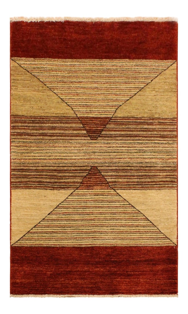 1990s Shabby Chic Tan/Red Hand-Knotted Wool Rug -2'11 X 5'1: With strict standards of craftsmanship and quality of materials used this modern inspired hand knotted gabbeh rug is a unique piece of world art. A fashionable handmade rug crafted by skilled artisans