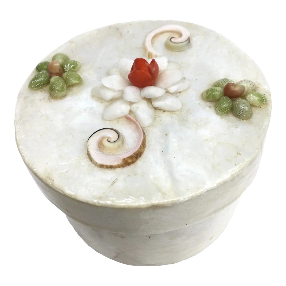 Vintage Capiz Shell Covered Round Trinket Box: Pretty little vintage box to hold all your little treasures. Made by hand with Capiz Shell on the exterior and then decorated with tiny shells for added color and details. In near perfect condition. 