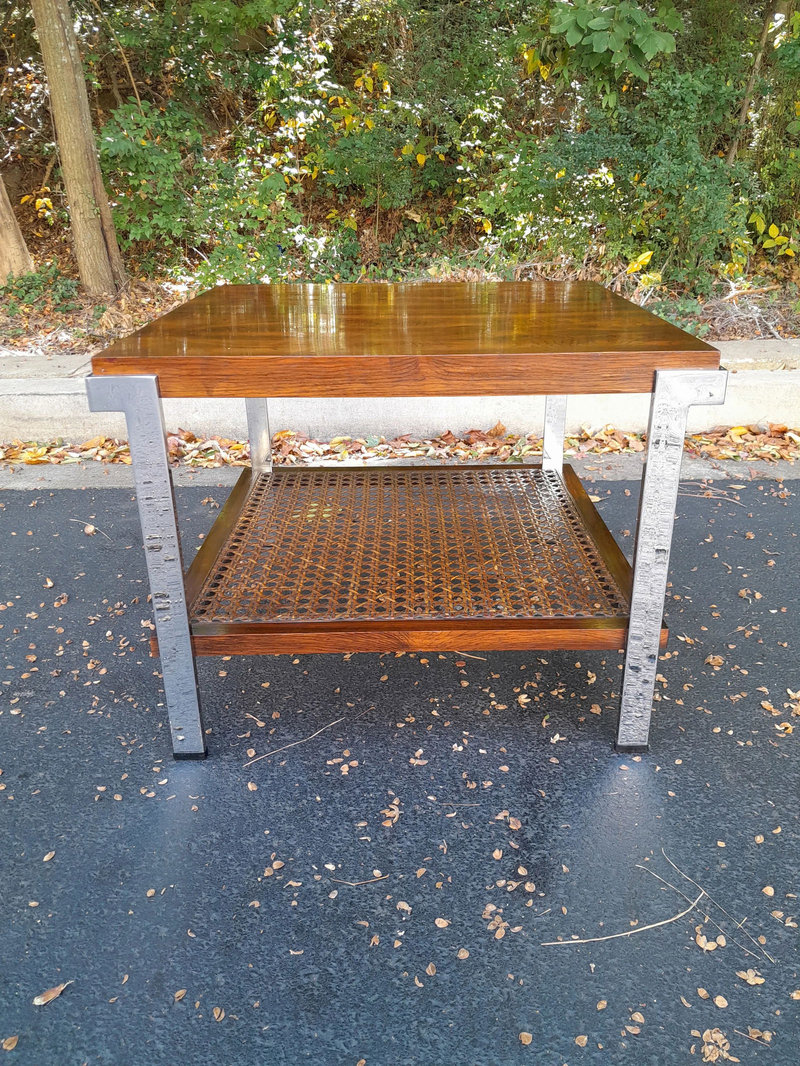 Mid 20th Century Milo Baughman Style Rosewood, Cane and Chrome Side Table - 12