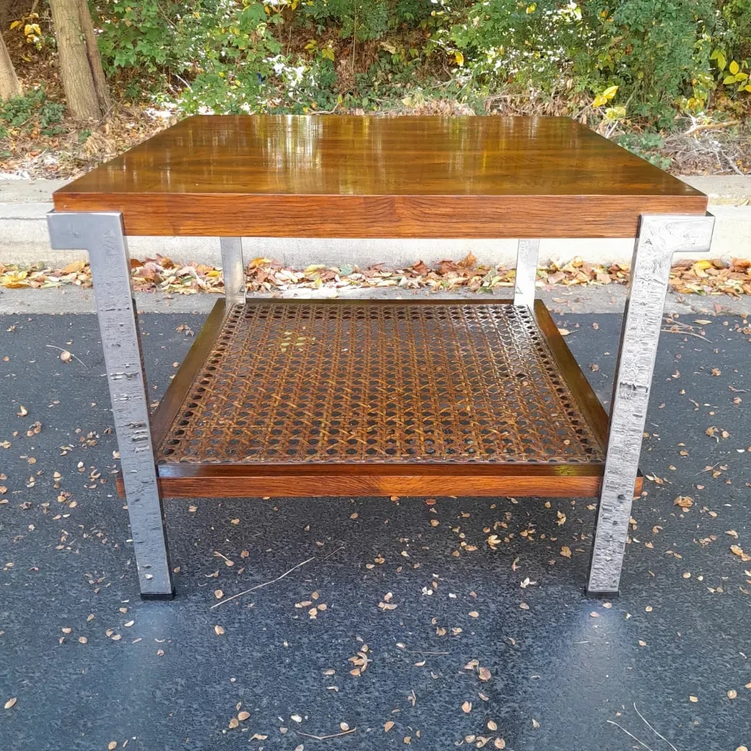 Mid 20th Century Milo Baughman Style Rosewood, Cane and Chrome Side Table - 3