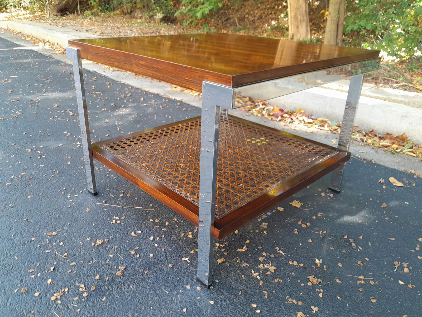 Mid 20th Century Milo Baughman Style Rosewood, Cane and Chrome Side Table - 7