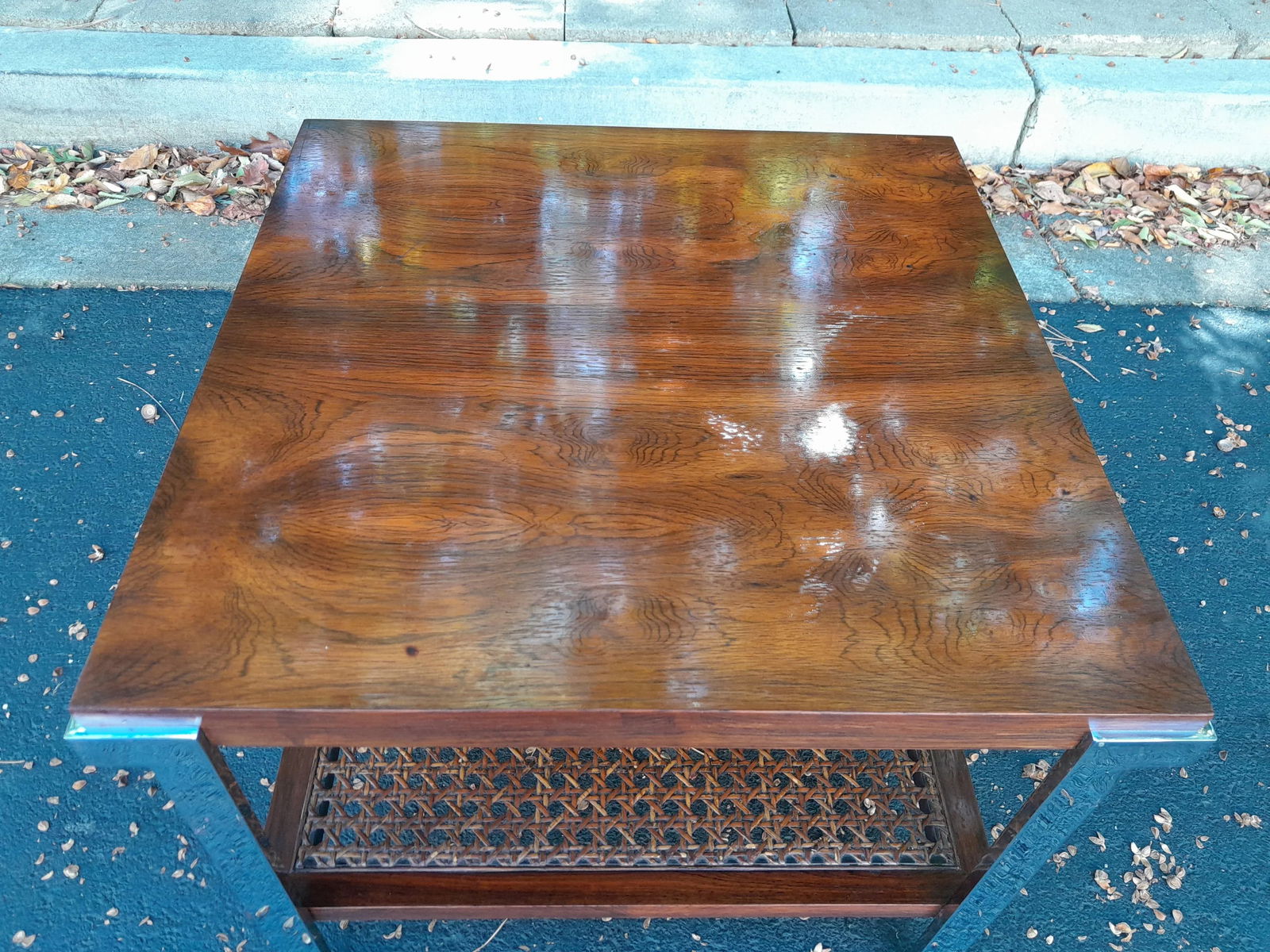 Mid 20th Century Milo Baughman Style Rosewood, Cane and Chrome Side Table - 8