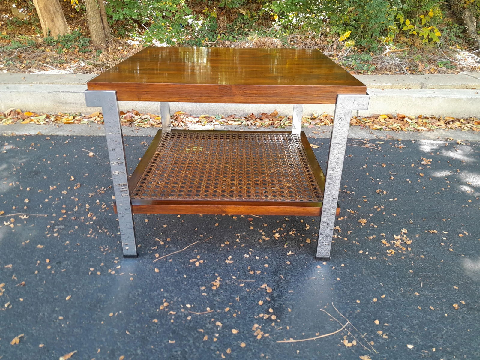Mid 20th Century Milo Baughman Style Rosewood, Cane and Chrome Side Table - 9
