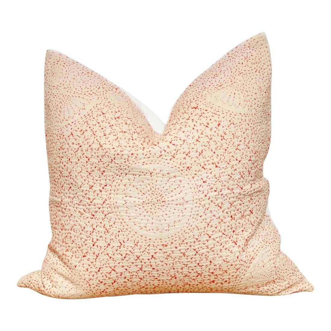 Origami White Hand-Stitched Pillow Cover: Celebrate the feminine with the handmade filanan hand stitched pillow cover. This ornate textile is cotton based and adorned with the Meghval tribe's thread work. The embroidered medallions in this in