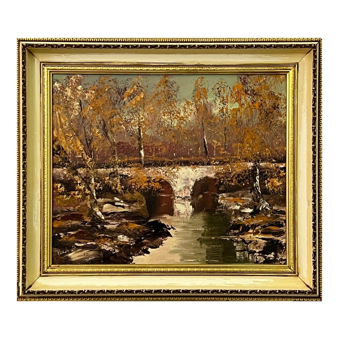 Original Impasto Oil Painting Art of an Autumnal River Landscape by Irish Artist, 1985: Original Impasto Oil Painting Art of an Autumnal River Landscape by Irish Artist, Liam Blake Art measures 17 x 14 inches Frame measures 23 x 20 inches This autumnal landscape unfolds like a memory sus
