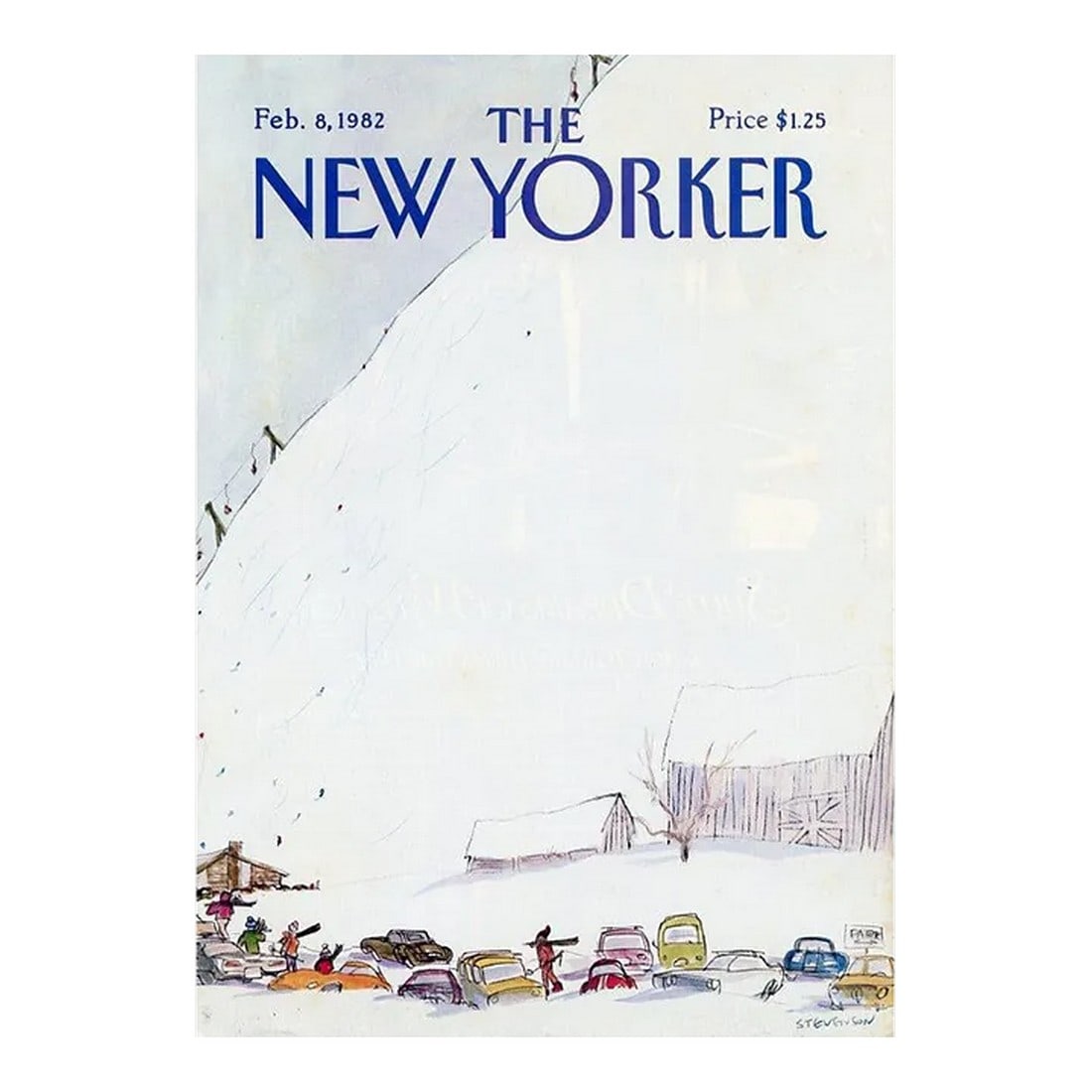 1982 Vintage New Yorker Cover, February 8 (James Stevenson), Original New Yorker Magazine Cover, Win: Original vintage New Yorker magazine cover dated February 8, 1982 featuring a Winter Sports and Skiing theme. Based on an illustration by James Stevenson (1929-2017). This is an authentic New Yorker m