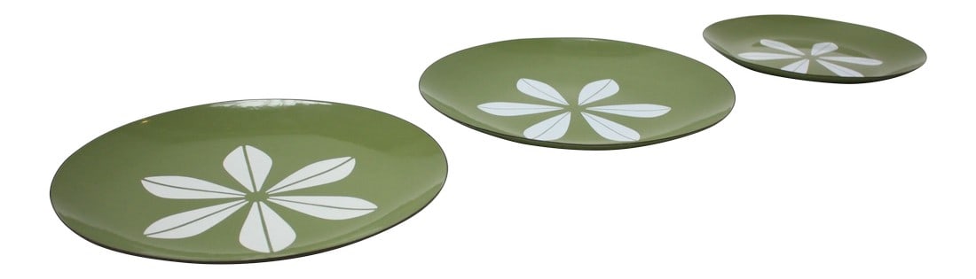 Set of Three Green 'Lotus' Enamel Plates by Arne Clausen for Cathrineholm: Set of three green enamel chargers / plates / platters by Cathrineholm or Norway. Two are larger chargers, measuring-Diameter: 12.25" x H: 1.25". The third plate is slightly smaller,