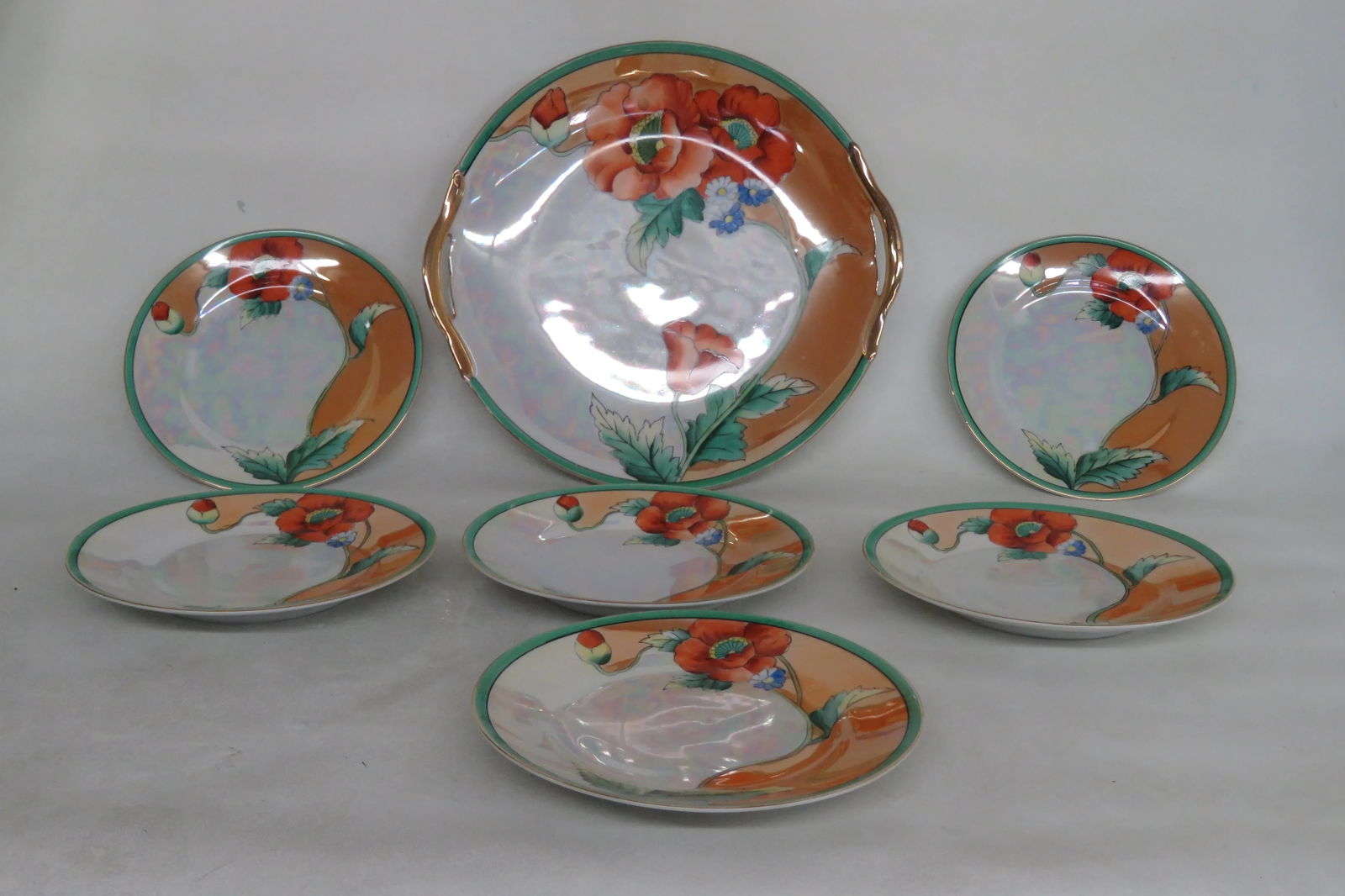 Noritake Lusterware Poppy Flower 7 Pc Cake Plate and 6 Dessert Plates - 12