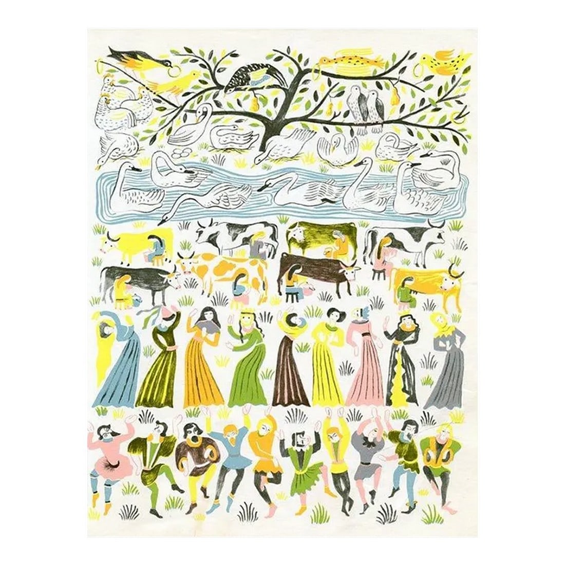 Vintage Print, "On the Tenth Day of Christmas", Original Mid-Century Color Lithograph: Original lithograph from a mid-century folio illustrating the English carol "The Twelve Days of Christmas". Shown is the Tenth Day of Christmas "“ Ten Lords A Leaping. Year: 1940s Type