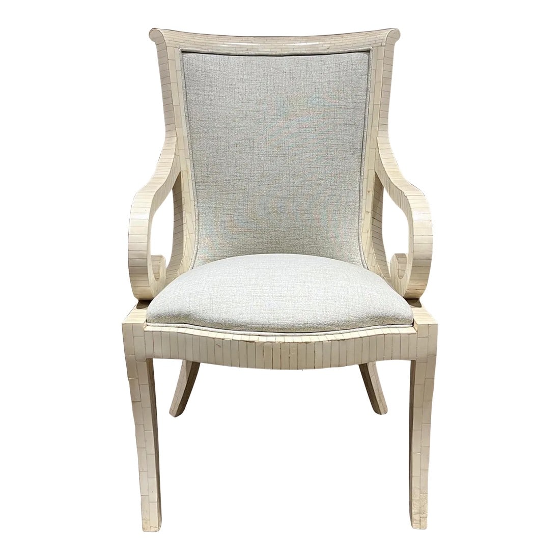 1970s Enrique Garcel Armchair Tessellated Bone Inlay Colombia: AMBIANIC presents 1970s Enrique Garcel (in the style of Karl Springer + Maitland Smith) Armchair in tessellated bone Fabulous sculptural profile Original vintage preowned condition with new