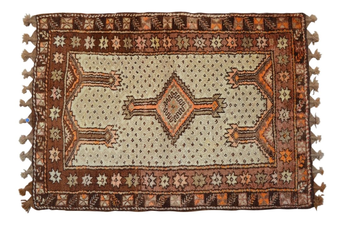 Handmade Turkish Tribal Rug. Neutral Colors Petite Rug - 3'6" X 4'11": This petite rug is a really rare find! The colors, the pattern, and the tribal touch make this a truly covetable carpet. This piece is ideal for a smaller space that needs a bold pop of style. Dimensi
