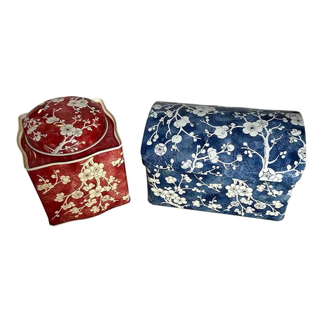 1970s Daher Vintage Blue and Red Floral Tea Tin Canisters Long Island Made in England: Daher cherry blossom collectible tin set of two. Red and blue. Designed by Daher Tea Tin Canister Long Island NY Made in England Red-approximately 6 1/2 inches long by 4 1/4 inches wide by 3 3/4 inche