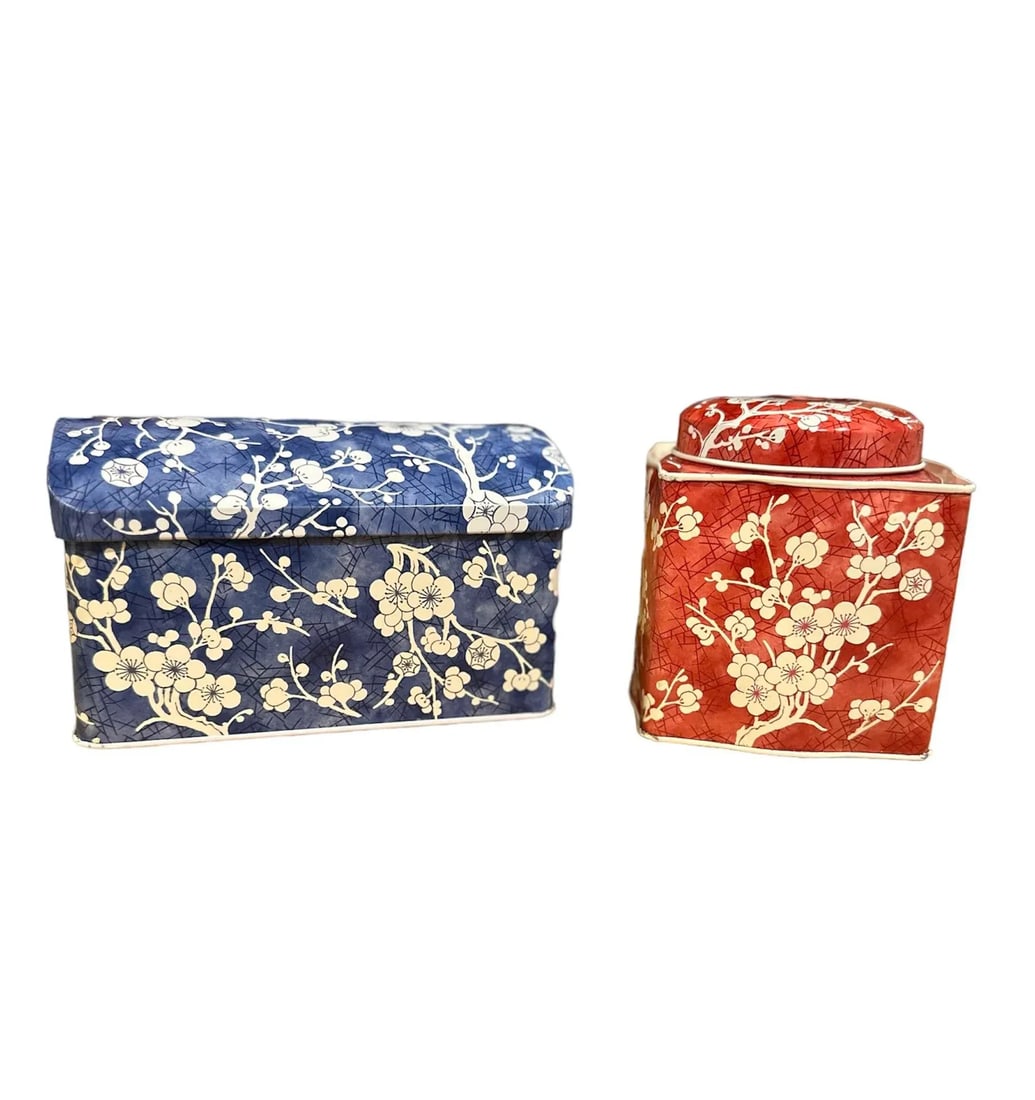 1970s Daher Vintage Blue and Red Floral Tea Tin Canisters Long Island Made in England - 2