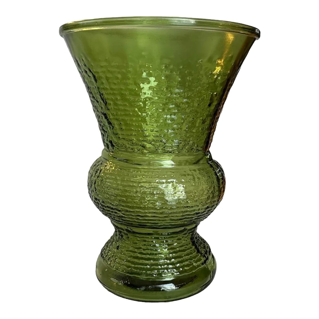 1970s Large Anchor Hocking Soreno Green Ripple Texture Glass Vase: Great ripple texture on this large mouth (7.5" wide x 10" tall) mid-century modern green glass vase. Handles a large bouquet fitting ad a stunning entrance statement or centerpiece. 