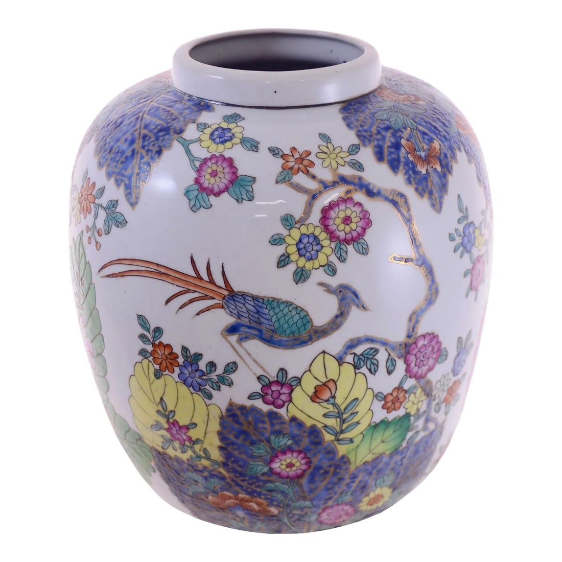 Tobacco Leaf Design Chinoiserie Ginger Jar Urn: Vibrant nine inch hand decorated "Tobacco Leaf" chinoiserie urn in imperial yellow, raspberry, indigo, green, and aqua with gold gilt accents. Overall, 9.25" W x 9.5" H; base, 7" Dia; top