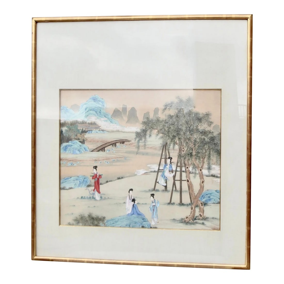 Chinese Maidens in a Landscape Watercolor: Chinese watercolor on paper. Maidens in a landscape, is a classic theme in Chinese art. Young beauties in a leisurely walk through the fabulous landscape. Pretty colors and sweeping views fill the ima