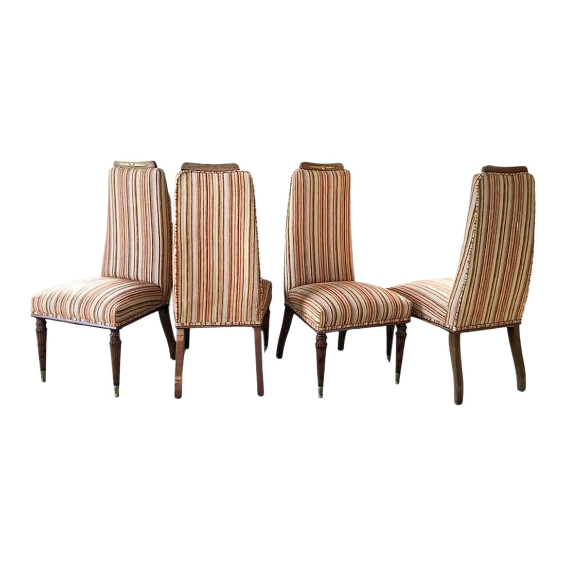 1950s Neoclassical Dining Chairs Set of Four Style Vittorio Dassi: AMBIANIC presents Set of 4 Italian Dining Chairs attributed to Vittorio Dassi Italian Design circa 1950s. Unmarked. Neoclassical Relief Ornamentation sculptural brass capped legs. Lovely rich wood ton