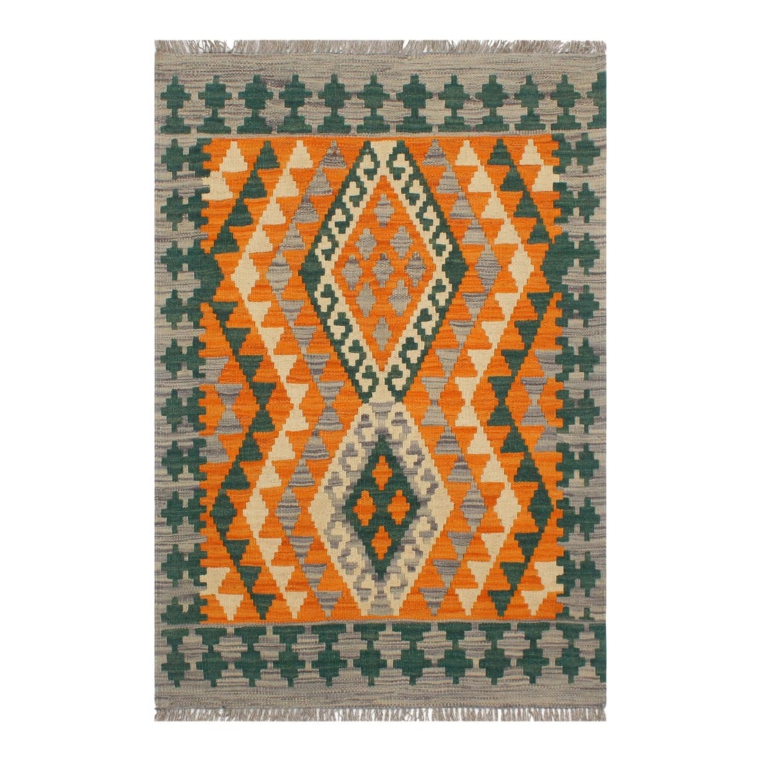 1990s Shabby Chic Kilim Orange Purple Wool Rug - 2'2" X 3'1": Add a touch of elegance to your home with this casual chic hand woven Tribal Kilim wool rug. Constructed on a loom by Nomad Turkman people with hand-spun wool and 100% Natural Vegetable dyes these bea