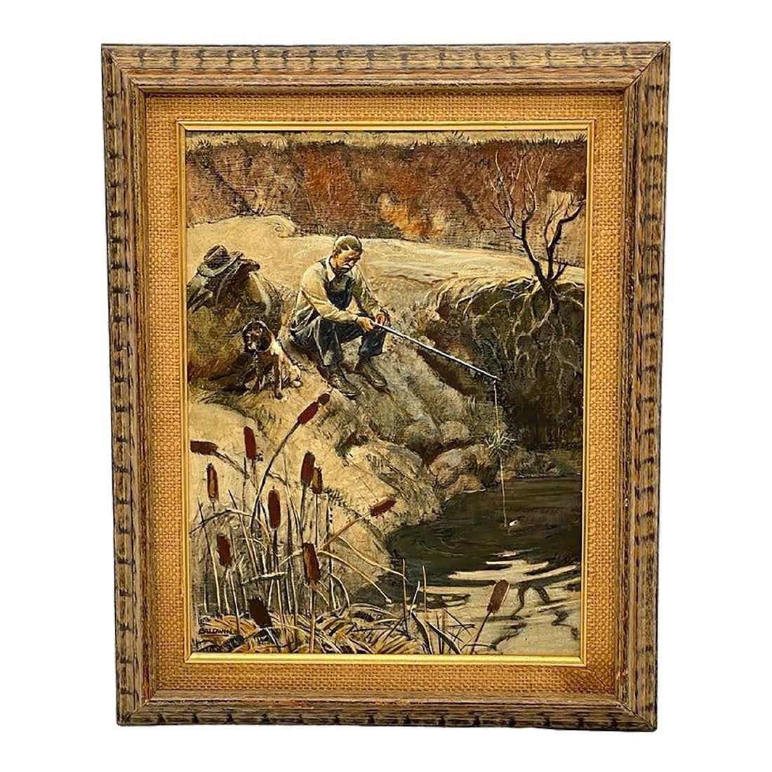 Mid 20th Century American School Oil Painting Fishing Landscape Signed Baldwin: American School Oil Painting - Fishing Landscape with Seated Old Man, Dog, and Fishing Pole at the Pond, Signed 'Baldwin' Artist Board 10.5 x 13.5 Inches Framed 12-inches x 15-inches Immerse