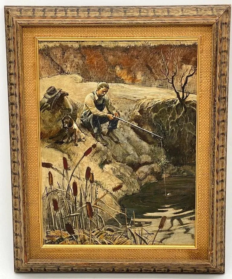 Mid 20th Century American School Oil Painting Fishing Landscape Signed Baldwin - 2