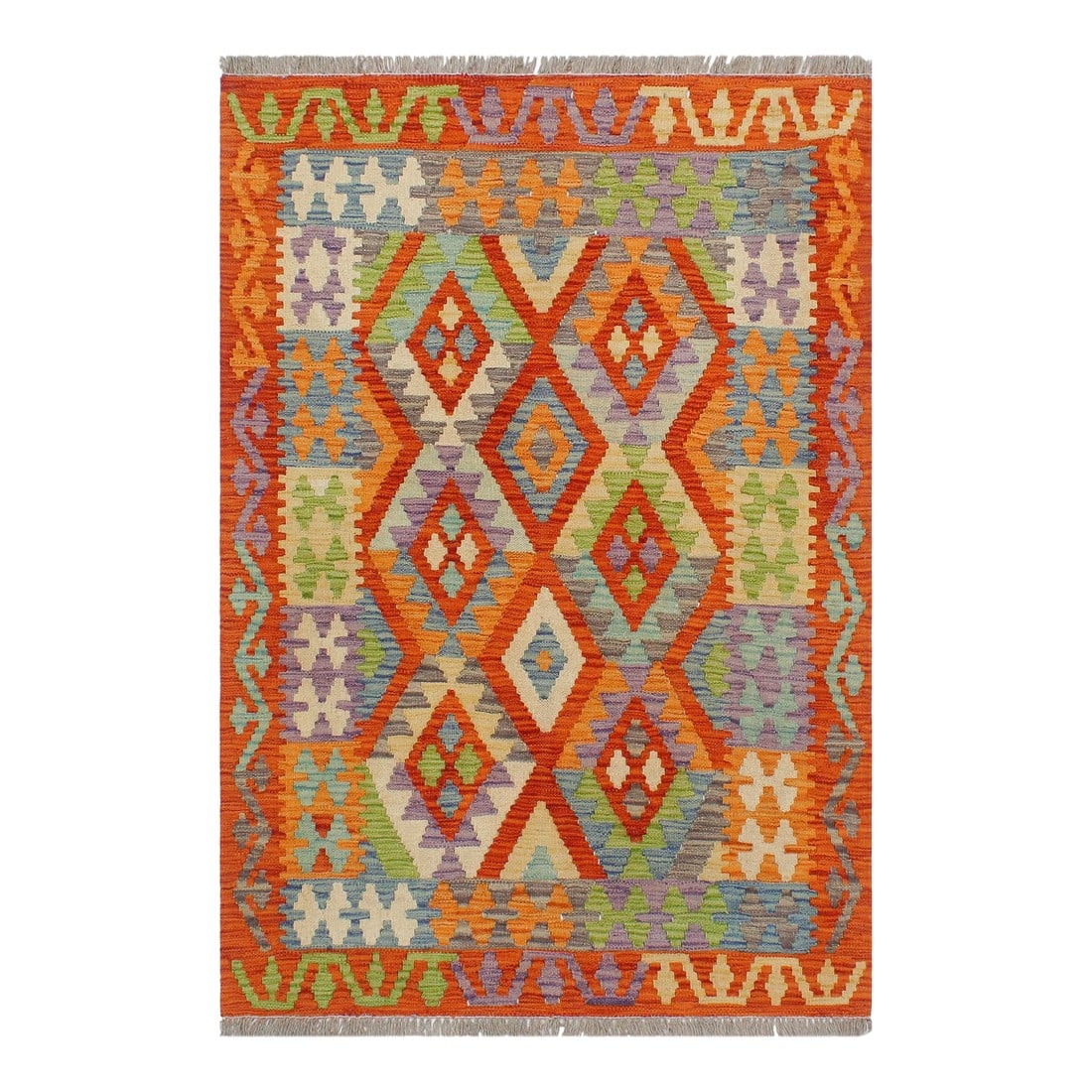 Shabby Chic Kilim Rust Blue Wool Rug - 3'1" X 4'0": Add a touch of elegance to your home with this casual chic hand woven Tribal Kilim wool rug. Constructed on a loom by Nomad Turkman people with hand-spun wool and 100% Natural Vegetable dyes these