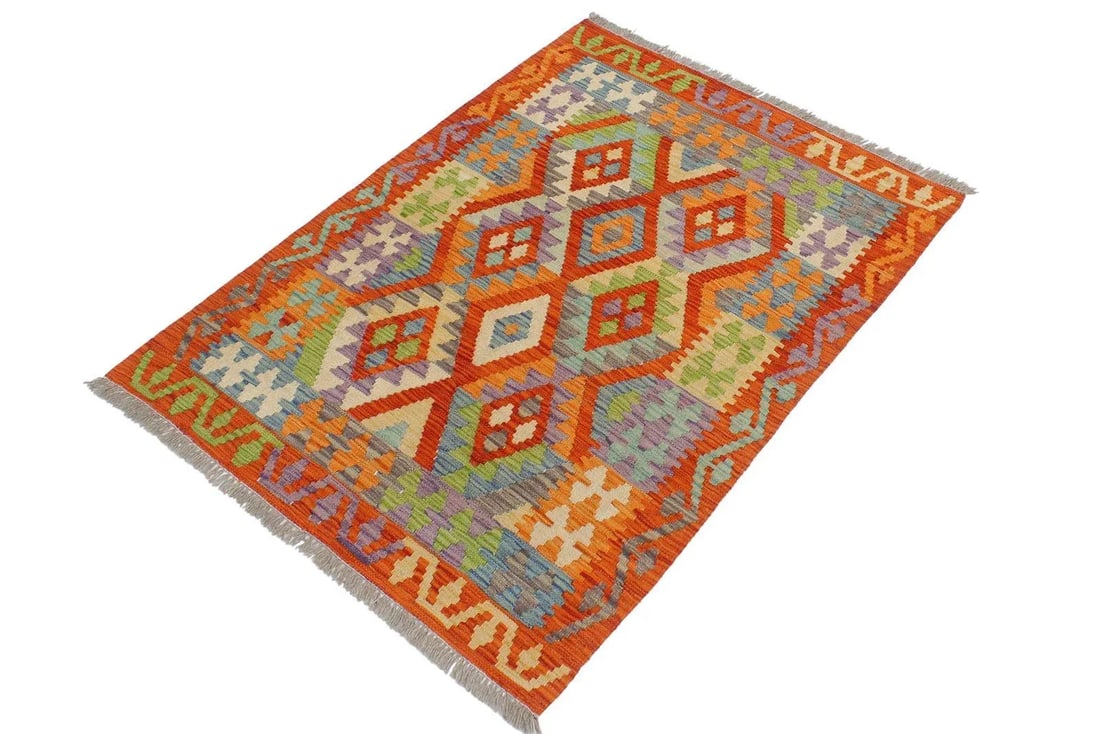 Shabby Chic Kilim Rust Blue Wool Rug - 3'1" X 4'0" - 2