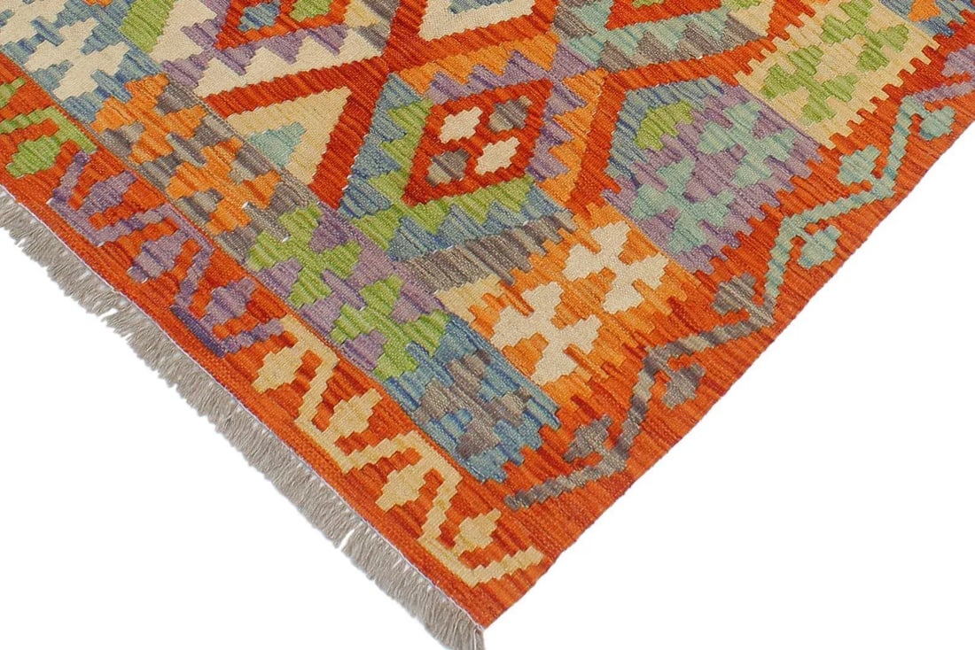 Shabby Chic Kilim Rust Blue Wool Rug - 3'1" X 4'0" - 3